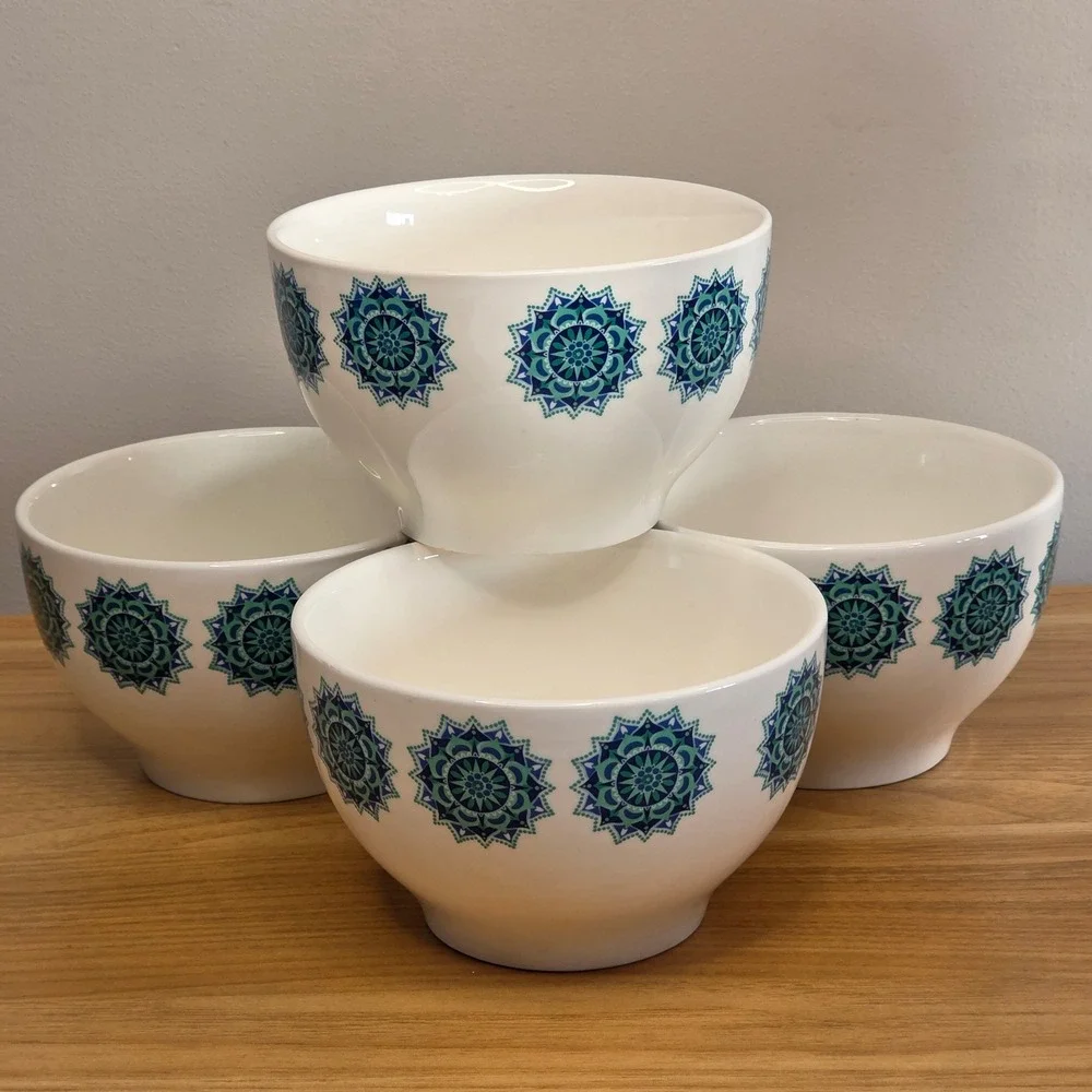 New Royal Norfolk Snowflake Medallion Teal Blue‎ Ceramic Soup Cereal Bowls Qty 4
